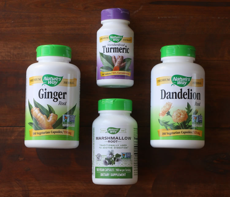 Best Herbs For Gut Health Ginger marshmallow root dandelion turmeric