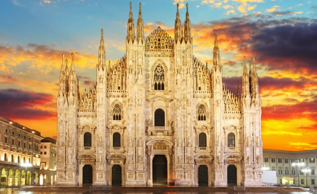 Sunset at Duomo di Milano Cathedral in Milan, Italy