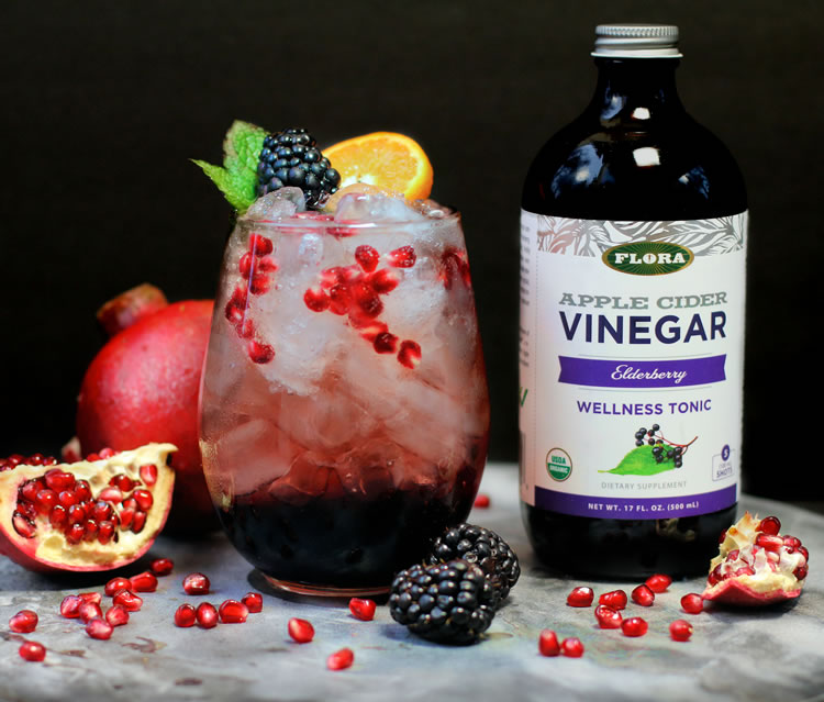 Sparkling Elderberry Pomegranate Shrub made withe Elderberry Apple Cider Vinegar Tonic 