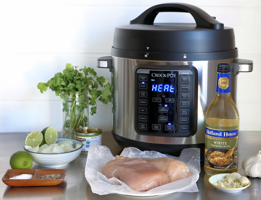 Green Chile Chicken Taco Ingredients Chicken Breast Lime Onion Holland House White Cooking Wine with the Crock-Pot XL Pressure Cooker