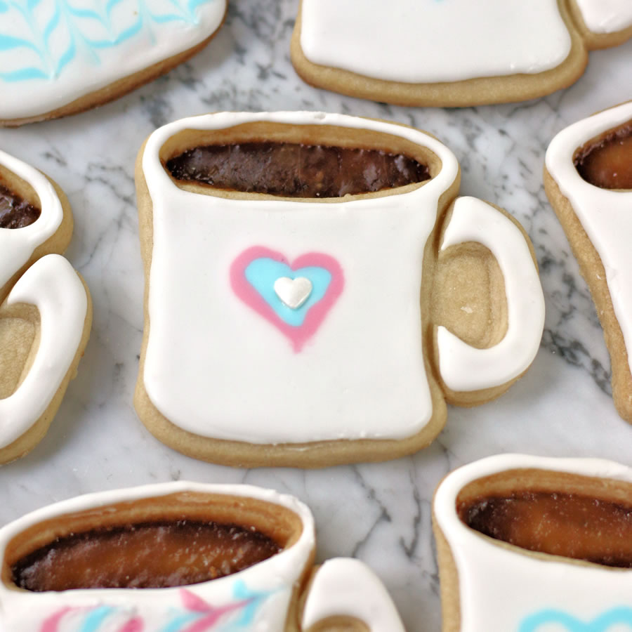 Royal Icing Decorated Coffee Mug Cookie Recipe With Stained Glass Candy Window | https://onbetterliving.com